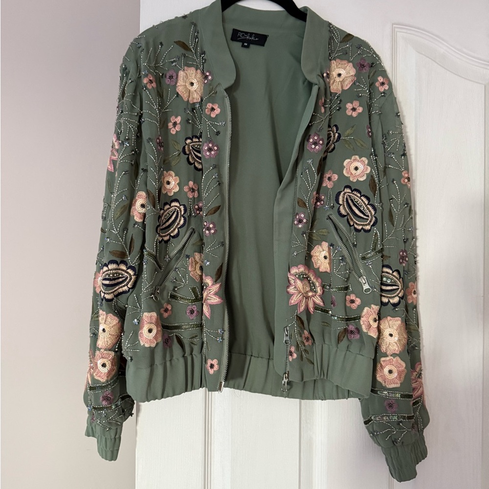 Embroidered sage green floral bomber jacket